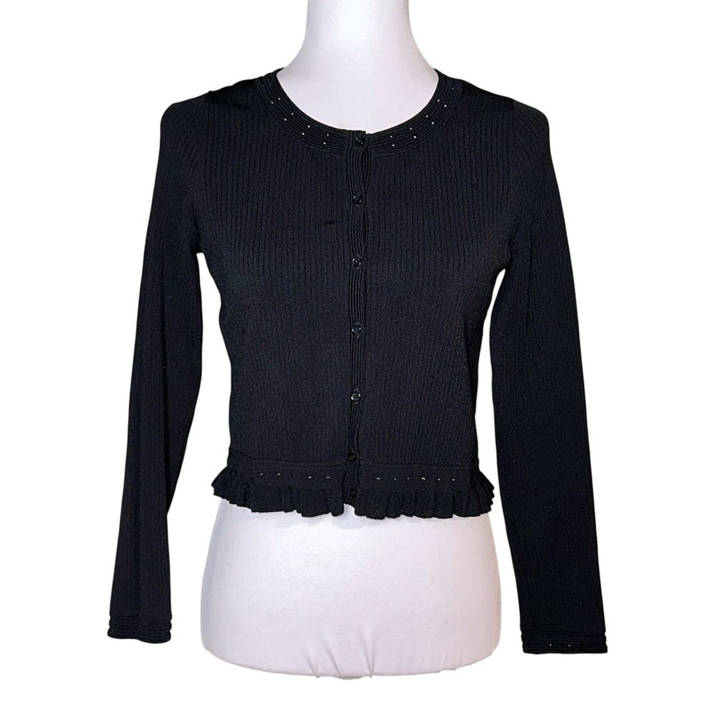 Sandro Paris Size 2 (M) Black Knit Cropped Button Up Cardigan Eyelet Trim Ruffle